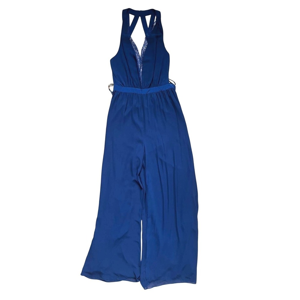 BCBGeneration Navy Blue Halter Wide Leg Jumpsuit V-Neck Lace Trim 12 Minimalist - Picture 2 of 10